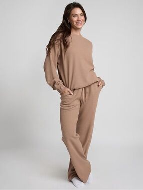 Comfrt  Unisex Long Sleeve Waffle Crewneck and Pant Set - Truffle